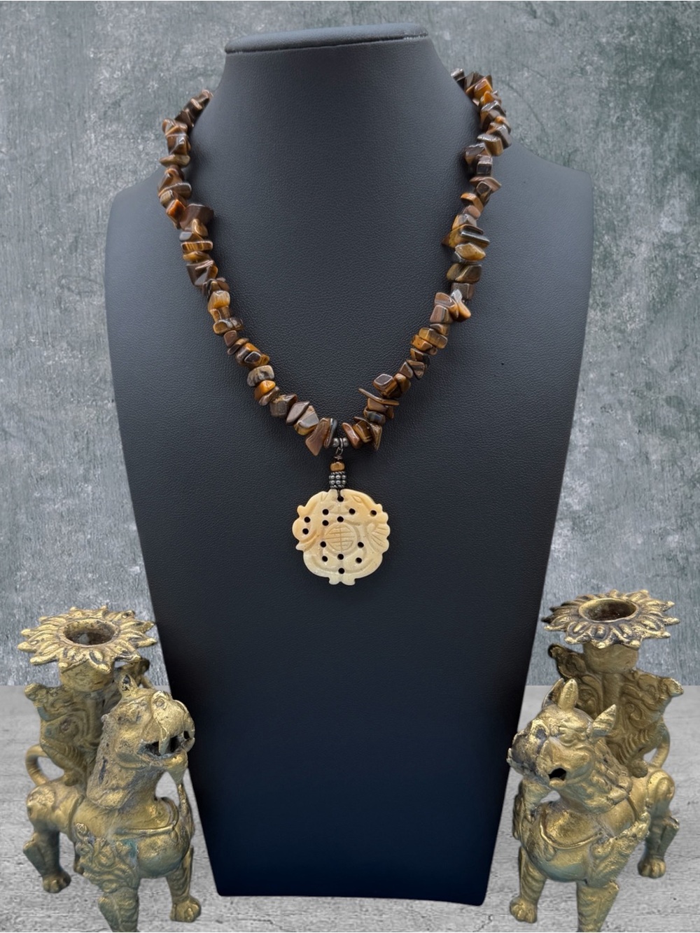 Honey Jadeite Double Dragon Carved Pendant w/ Tigers Eye Chip Necklace